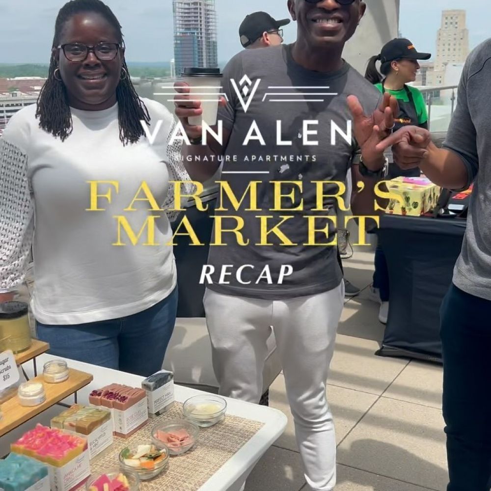 Can you imagine early morning shopping with the best views of downtown Durham? 🤩 #OnlyAtVanAlen will we bring the Saturday farmer’s market right to our residents! ✨

Thank you to everyone who joined us yesterday for yet another awesome resident event. 

Very special shout out to @trianglecreators and all of our amazing vendors who helped make the Van Alen Farmer’s Market a success! Who’s ready for the next one? 👀

#livevanalen #downtowndurham #downtowndurhamrooftop #nwrliving #luxuryliving #luxuryapartments #luxurylifestyle #residentevents #vanalen #rdu #bestofdowntowndurham