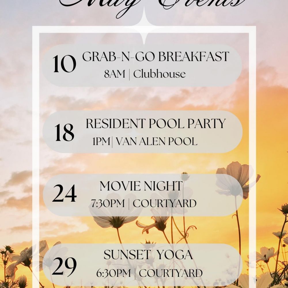 A new month means new events! Here at Van Alen, we cultivate an elevated living experience through our amazing resident events! Can’t wait to see you at each one! ☀️

*Some events may require RSVP.*

#livevanalen #downtowndurham #downtowndurhamrooftop #nwrliving #luxuryliving #luxuryapartments #luxurylifestyle #residentevents #vanalen #rdu #bestofdowntowndurham #mayevents #residentevents